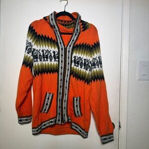 Orange Multi Color WinterPatterned Full Zip Hooded Sweater Womens Large